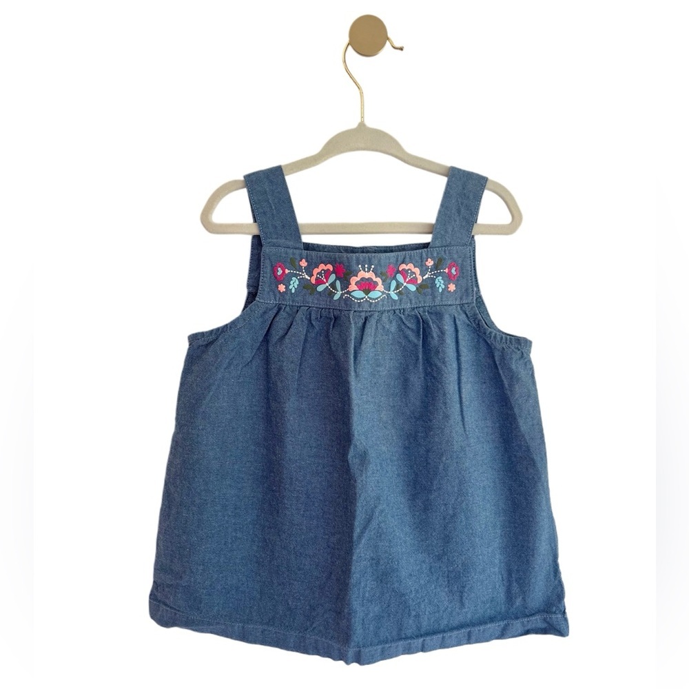 Carter's Kids Blue Chambray Tank Top with Floral Embroidery | Girls 4T LIKE NEW